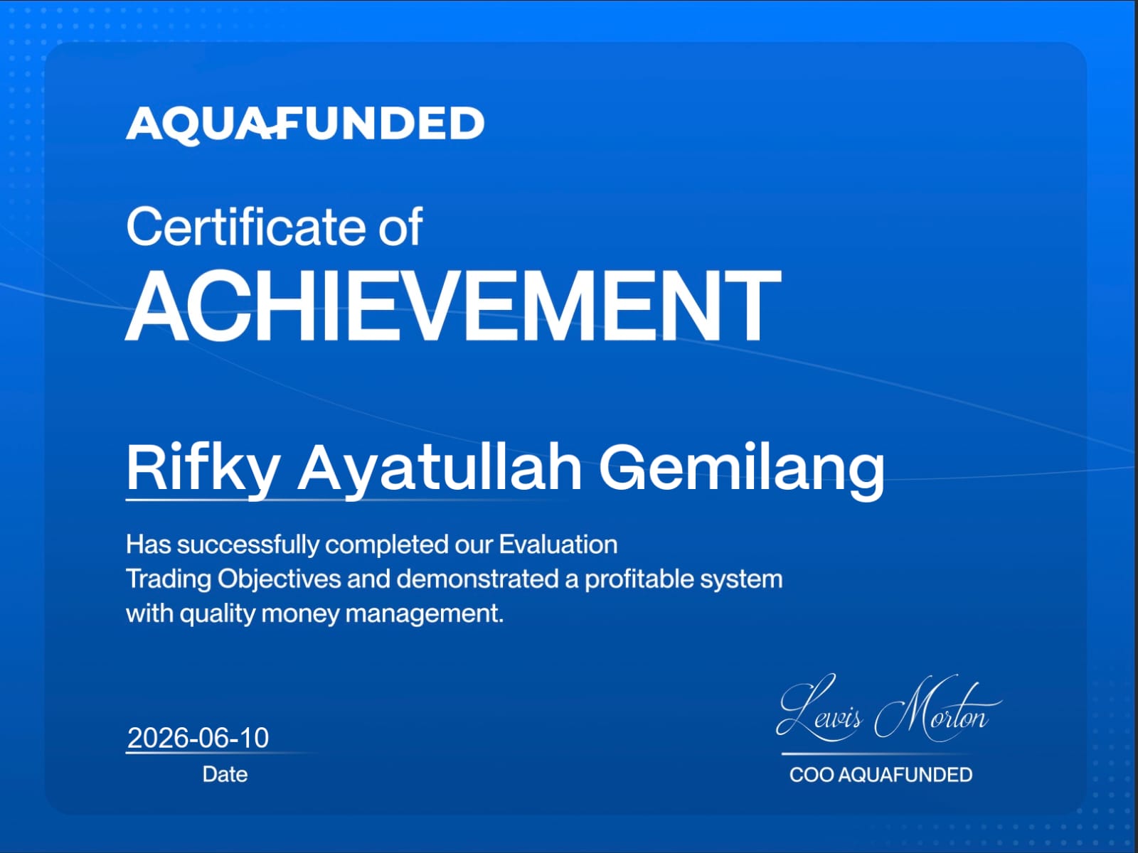 AquaFunded Evaluation Certificate